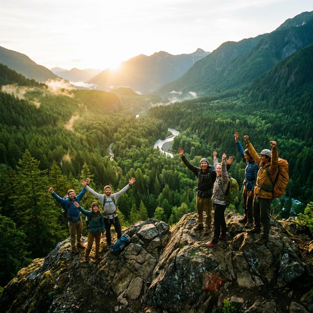 Hikers celebrating on a mountain peak overlooking a lush green valley