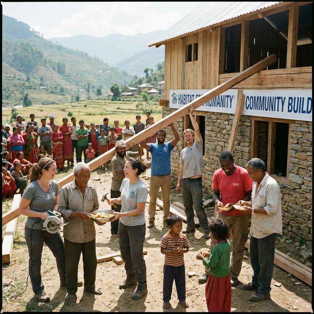 Diverse group of volunteers and locals building a home together