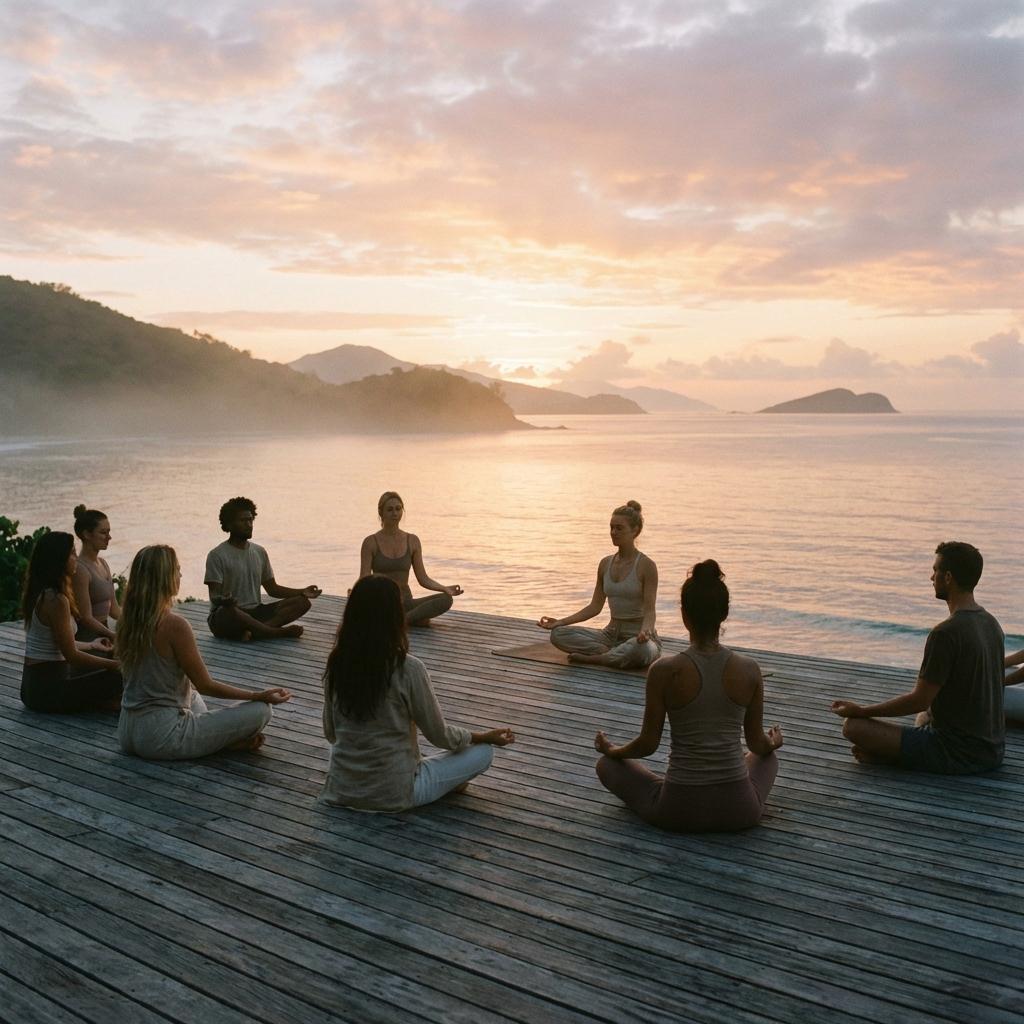 People practicing yoga on a deck overlooking a calm lake at sunrise